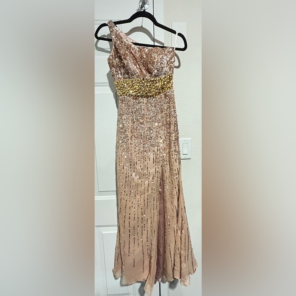 Beaded Champagne prom dress Sherri hill